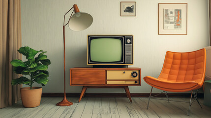 Stylish mid-century living room featuring a vintage television, orange chair, potted plant, floor...