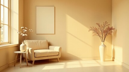 Serene Minimalist Living Room Corner with Sunlight Streaming Through Window, Featuring a Beige Sofa, Dried Flowers in Vase, and a Blank Frame on Wall