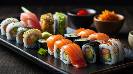 Sushi Rolls and Sashimi with Wasabi and Sesame Seeds