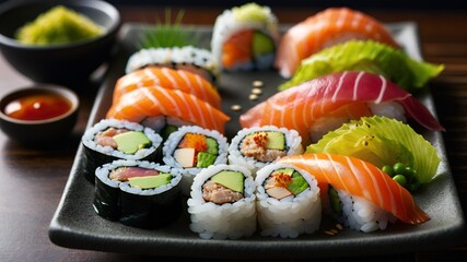 Fresh Sushi Rolls and Sashimi Platter with Wasabi and Ginger