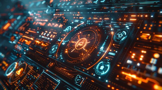 High-tech digital interface with glowing circuits and data readouts showcasing futuristic design elements