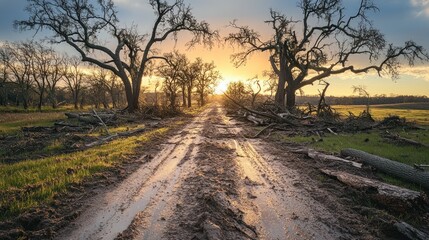 Sunset over a muddy rural road with fallen trees.