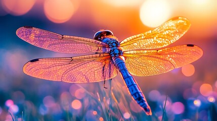 A close-up photograph of a dragonfly with its wings spread out and backlit by the sun, capturing the intricate details of its body and wings against a blurred background of grass and flowers.