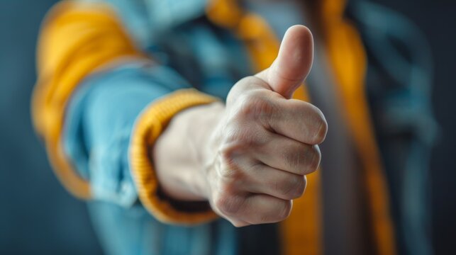 Hand giving a thumbs up gesture in a casual setting with colorful clothing