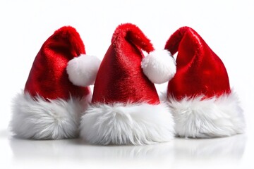 Three Santa Hats, White Fur Trim,  Bright Festive Holiday