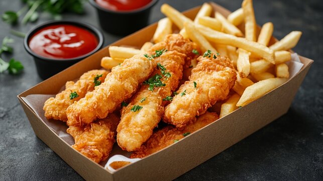 Fish and chips with ketchup and parsley. - Powered by Adobe