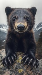 Obraz premium A close-up of a bear with sharp claws, set against a mountainous backdrop.