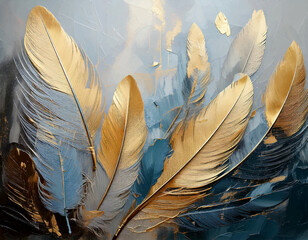 Gold feather on blue background wall art, feathers drawing painting Adobe Illustrator Artwork