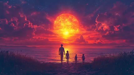 Fototapeta premium A family walks on a beach during sunset, enjoying a vacation and the beauty of nature