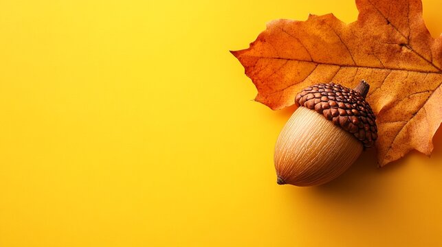 an acorn and a leaf on an orange background.