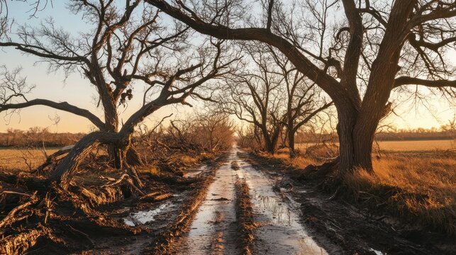 Sunset over muddy rural road with bare trees.