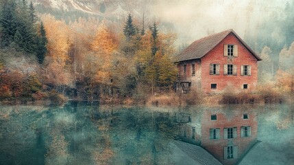 Obraz premium Misty autumn lake reflecting red house in woods.