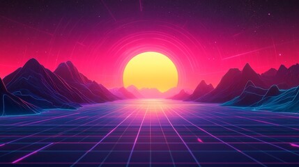 Retro synthwave landscape with vibrant sunset, neon grid, and mountains.