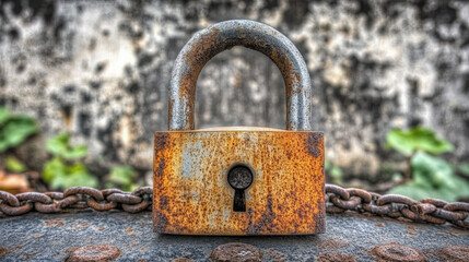 Close-up of a rusty padlock on a metal chain symbolizing security and weapon prohibition, set against a concrete wall background.