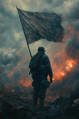 A soldier standing amidst ruins, holding a tattered flag,