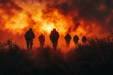 Fototapeta premium A battlefield shrouded in smoke with silhouettes of soldiers advancing,