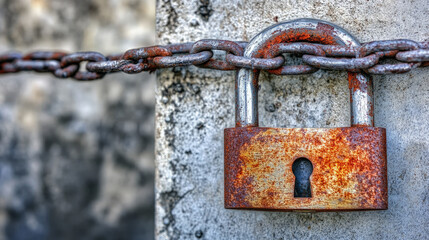 Close-up of a rusty padlock on a metal chain symbolizing security and weapon prohibition, set against a concrete wall background.