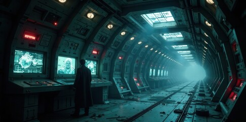 A solitary figure in a long, dimly lit futuristic corridor, observing monitors displaying cryptic data and a mysterious face