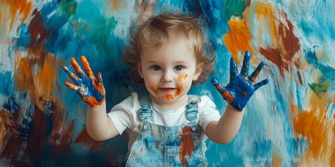 A toddler finger-painting on a giant canvas, with paint smudges on their hands and cheeks, styled dynamically