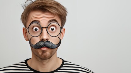 Surprised Young Man with Mustache and Glasses