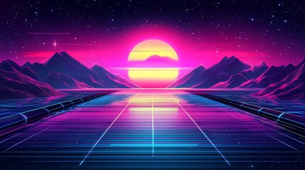 Retro futuristic landscape with vibrant sunset, mountains, and reflective surface.