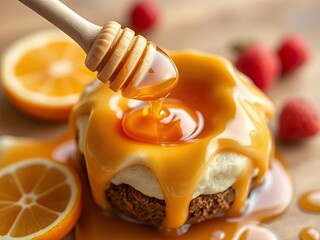 honey dripping over a dessert with orange slices and strawberries.