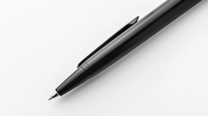 Close-up black ballpoint pen on white background.