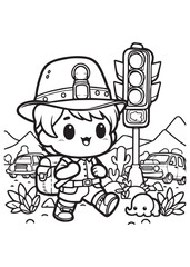 coloring book boy hiking by side traffic light
