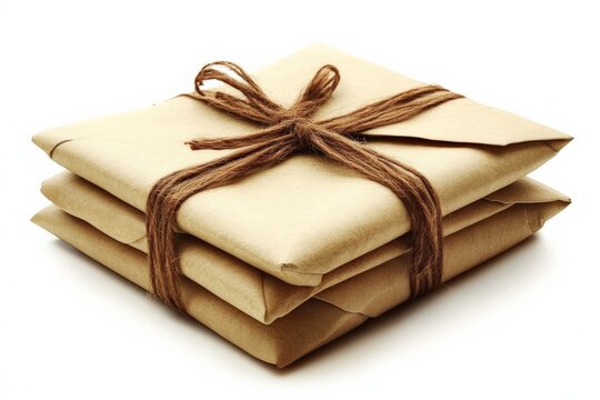 Brown paper packages tied with string stacked neatly on a white background