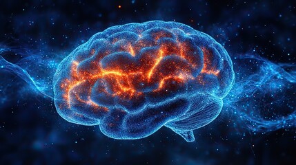 Obraz premium A graphic of a human brain on a dark background represents science, neurology, thinking, and biology research. This image symbolizes the mind, learning, psychology, neuroscience, and medical anatomy