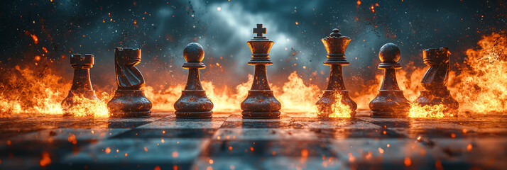 A surreal depiction of war as chess pieces battling on a board with glowing explosions,