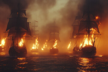A historical naval battle with ships ablaze and cannon fire,