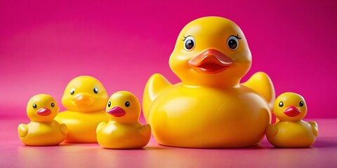 Yellow Rubber Ducks, Pink Background, High Resolution