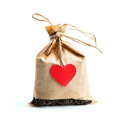 Tea bag packaging with a heart label, on a white isolated background.