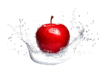 Dicut image of a red  single apple with splashing water. The droplets give the apple a fresh and juicy appearance on a isolated transparent background png