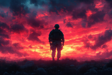Obraz premium A soldier standing guard at dawn, silhouetted against a fiery sky,