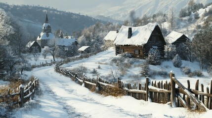 Naklejka premium Snowy village road, wooden houses, church, winter landscape.
