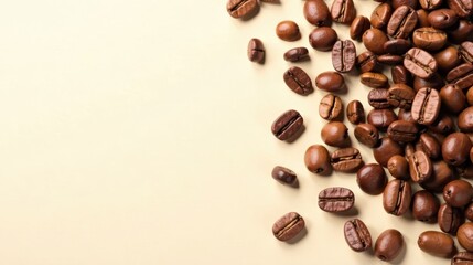 Naklejka premium Aromatic Roasted Coffee Beans Scattered on a Neutral Background, Ideal for Packaging Design and Culinary Publications