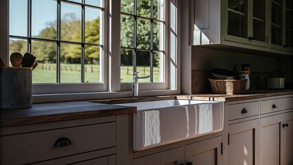 Rustic farmhouse kitchen with sunlit view and classic sink overlooking green landscape