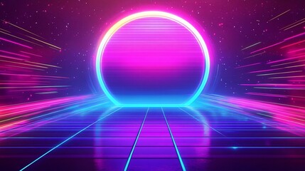 Glowing neon pink and blue circle portal on grid floor.