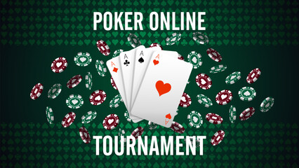 Poker online tournament invitation banner with casino elements. Posters with poker chips and playing cards on a green background of a cards suits. Vector illustration