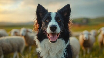 A Happy Border Collie Dog Stands in Front of a Flock of Sheep in an Open Field.