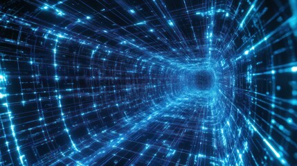 Abstract blue digital tunnel, glowing lines and particles.