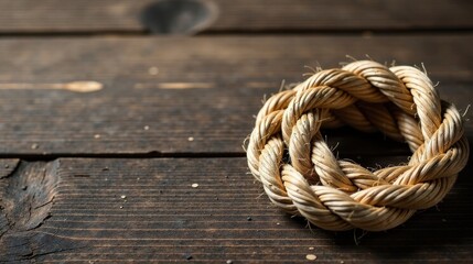 Obraz premium A tightly coiled rope loop rests on a rustic wooden surface, creating a visual representation of strength, unity, and nautical themes.