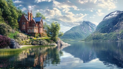 Fototapeta premium Majestic lake house nestled in scenic mountains.