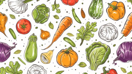 Vibrant Hand Drawn Colored Vegetables Seamless Graphic Vector