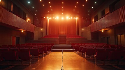 Naklejka premium A microphone stands ready on a stage in an empty hall, set up for a conference, public speaking event, or workshop