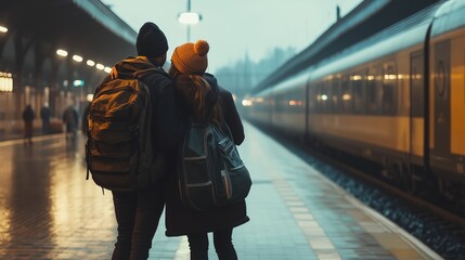 Young travelling couple on a railway station. Generative AI