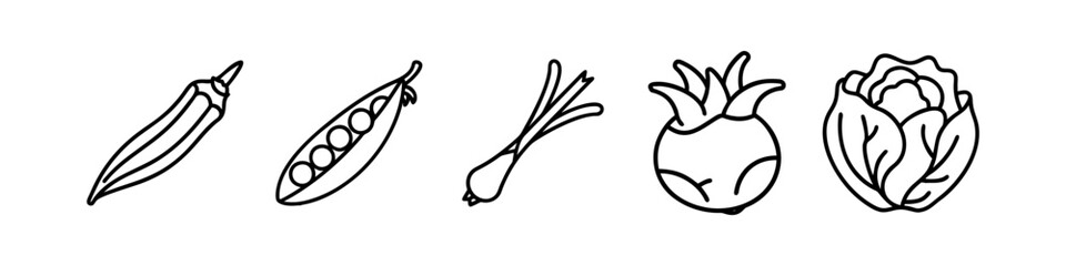 Line Icons of Fresh Vegetables and Greens -Minimalistic line icons featuring vegetables, including okra, peas, green onions, kohlrabi, and cabbage, ideal for healthy food and gardening themes.
