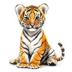 Obraz premium Adorable Tiger Cub: Watercolor Portrait of a Sitting Kitten